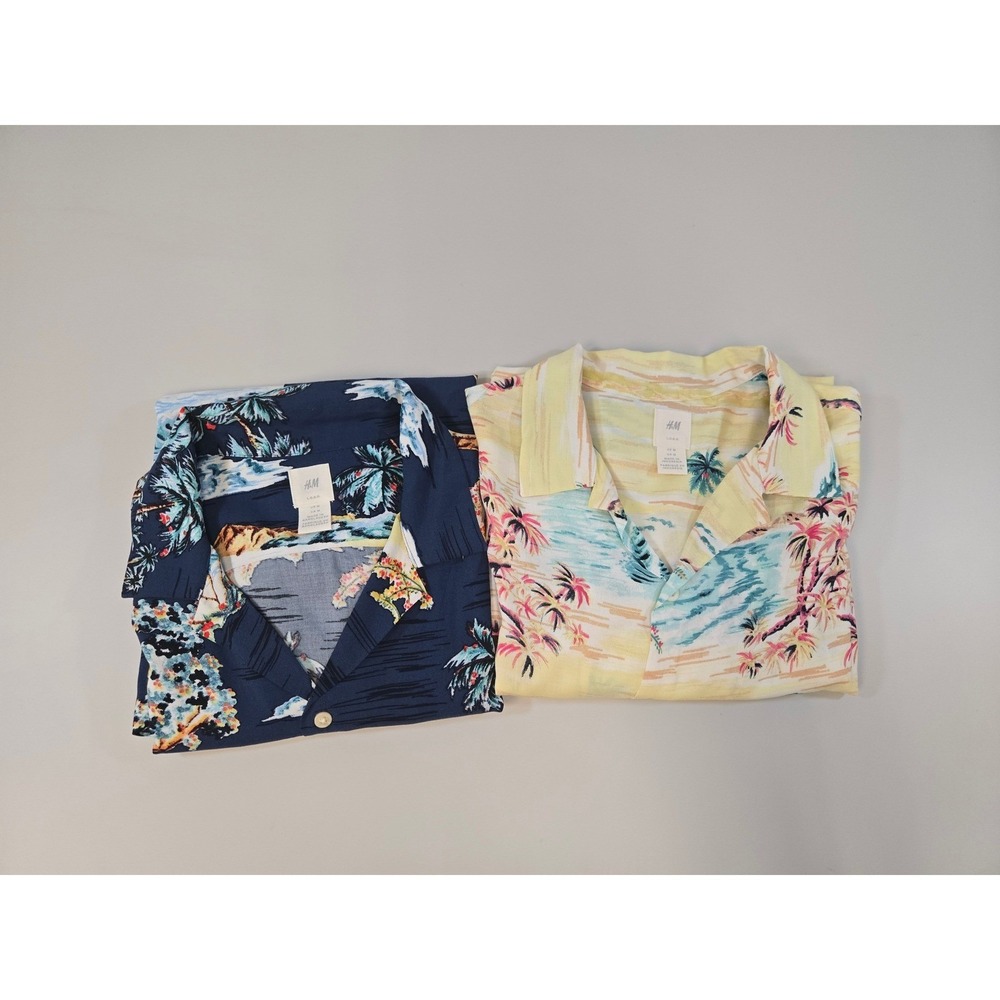 H&M LOGG Mens Tropical Hawaiian Shirt Lot of 2 Navy Yellow Viscose Size M